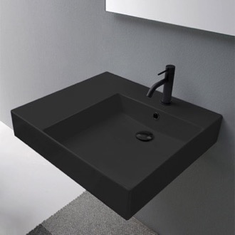 Bathroom Sink Matte Black Ceramic Wall Mounted or Vessel Sink With Counter Space Scarabeo 5148-49